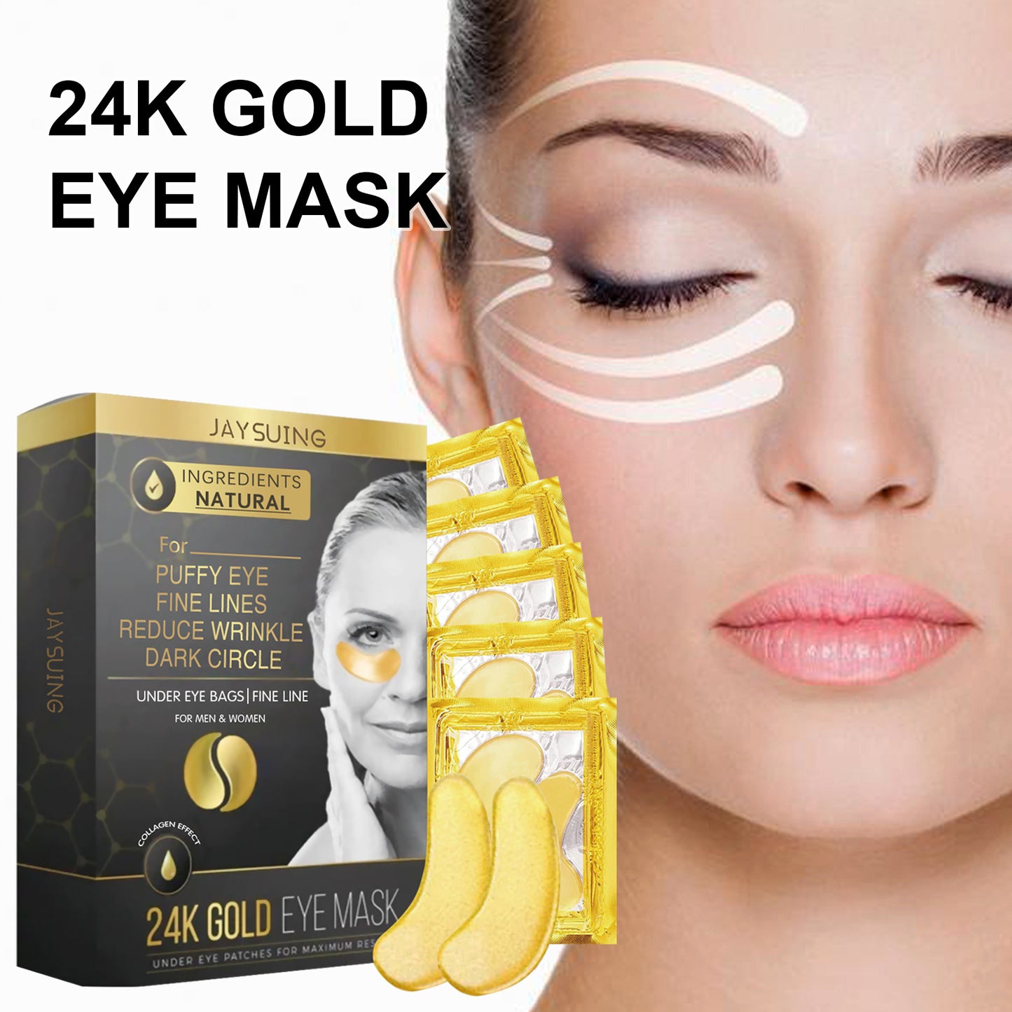 Woman wearing 24K gold eye mask showing benefits under the eyes.
